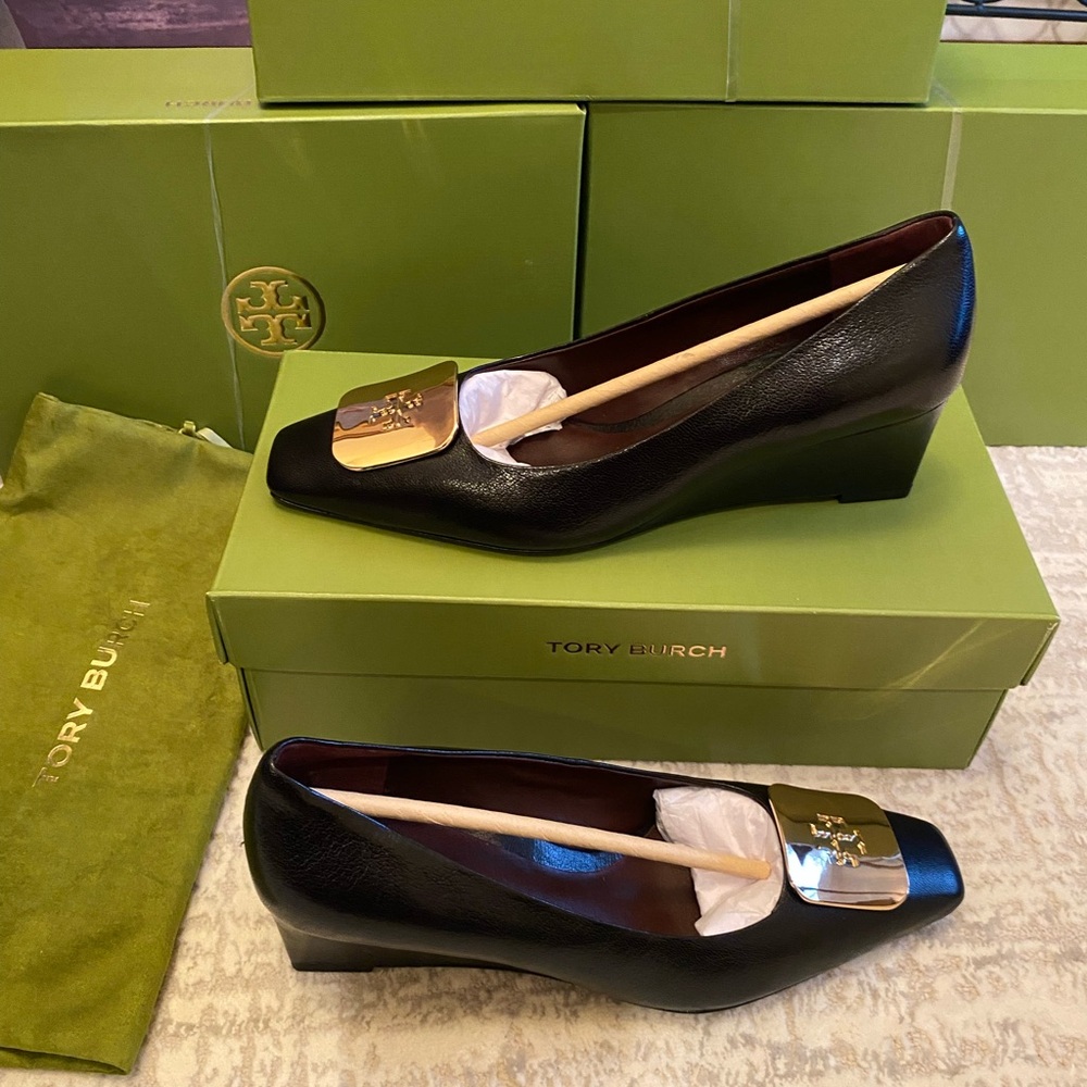 Tory Burch Black Leather Wedge Pumps with Gold Logo Plaque